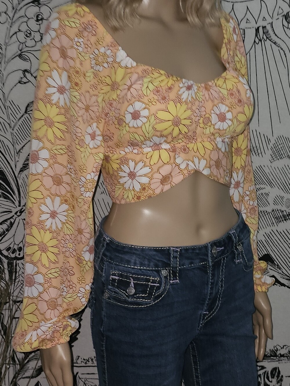 Floral Peasant Lined Cup Crop Top - Yellow Orange Daisy Print Tie Back Small